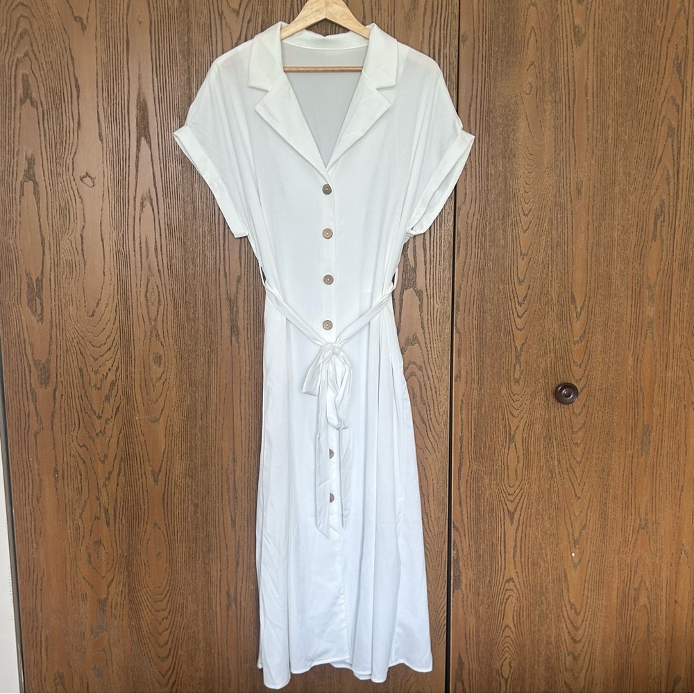 White Button-Down Dress with Bow